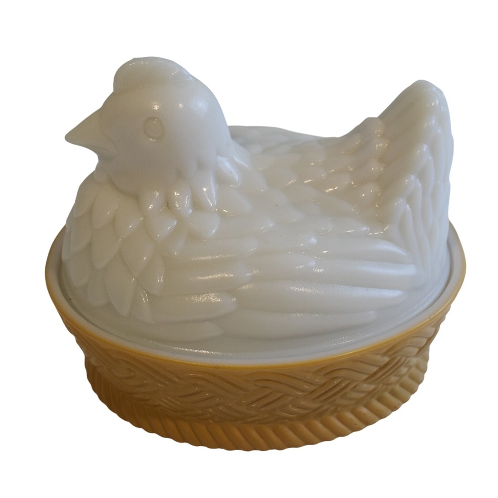 Avon Hen on Nest Dish Vintage White Milk Glass Amber Basket Base Excellent 5in